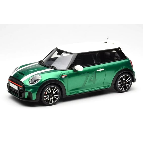 2023 Mini Cooper F56 JCW #74 British Racing Green with White Top and Stripes 1/18 Model Car by Otto Mobile