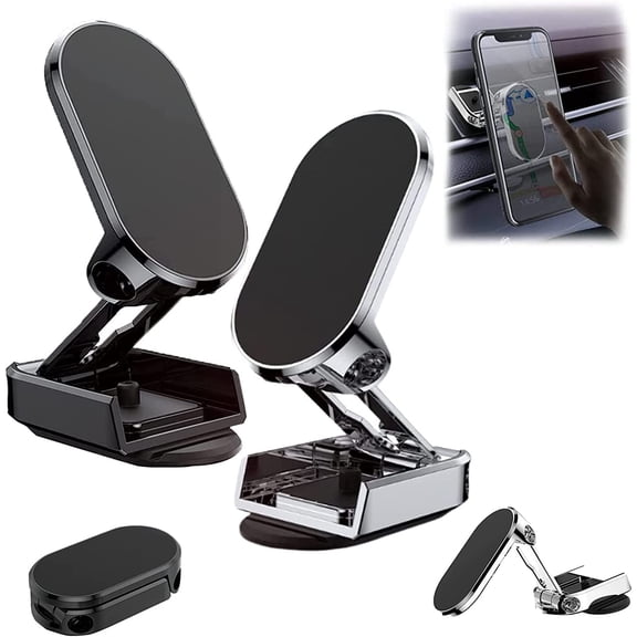 2023 New Alloy Folding Magnetic Car Phone Holder, Foldable Magnetic Car Phone Mount, Universal Dashboard Adjustable 360° Rotation Magnetic Phone Holder (2PCS)