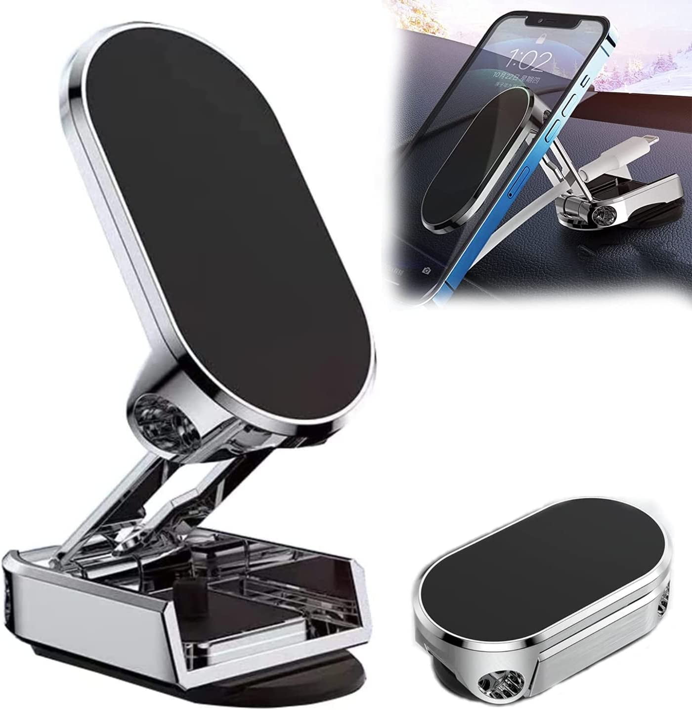 2023 New Alloy Folding Magnetic Car Phone Holder, Magnetic 360° Car Phone Holder Stand Dashboard Folding Bracket Universal, Car Magnetic Phone Holder, Stable, no Shaking (Silver)