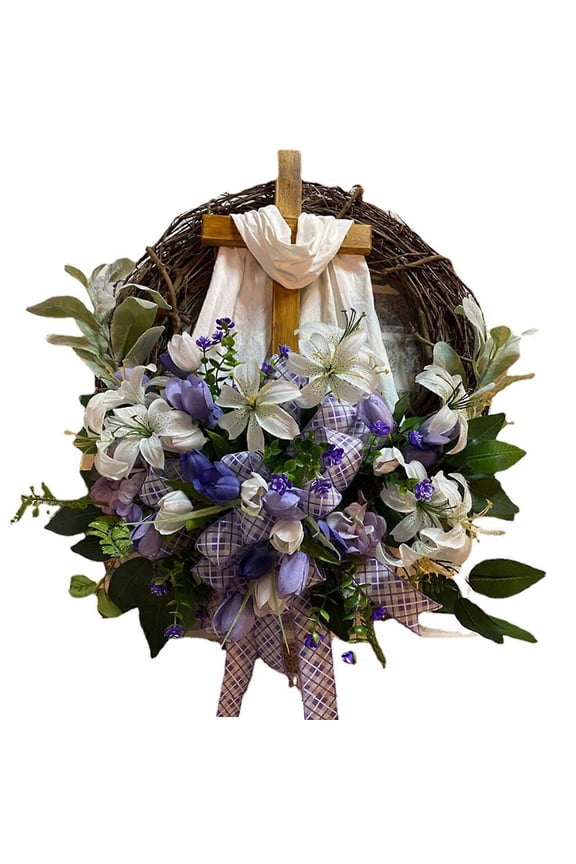 2023 New  Easter Rattan Cross Wreath Ring Silk Cloth Multicolor Home Party Decorate 45cm
