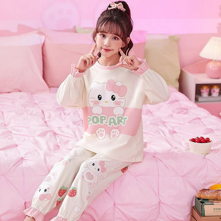 2023 New Kawaii Sanrio Hellokittyed Kuromi My Melody Cinnamonroll Pajamas  Autumn Winter Cute Children Girl Cartoon Home Clothing