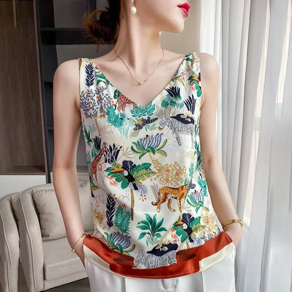 2023 New Leaf Silk Camisole Female Trend Large Size V-neck Vest Underneath Small Floral Blouse Women Summer Top