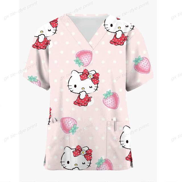 2023 New Nurse uniform Women Tops Plue Size Hello Kitty Print Casual ...