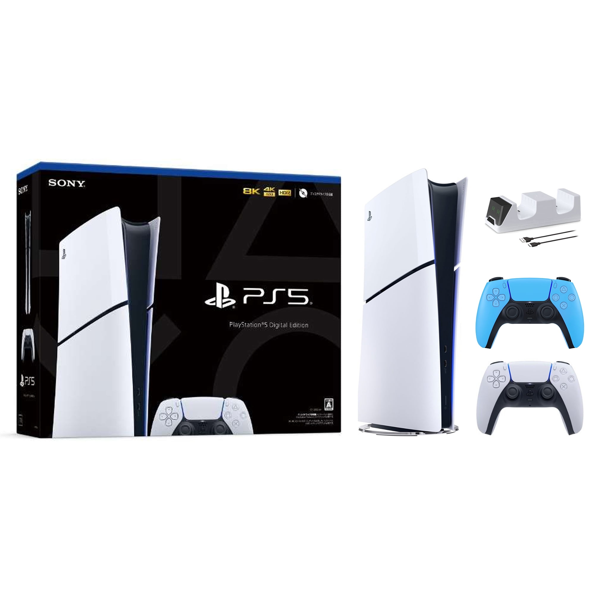 Sony Playstation 5 Digital Edition Console with Extra Blue Controller,  White PULSE 3D Headset and Surge Dual Controller Charge Dock Bundle 