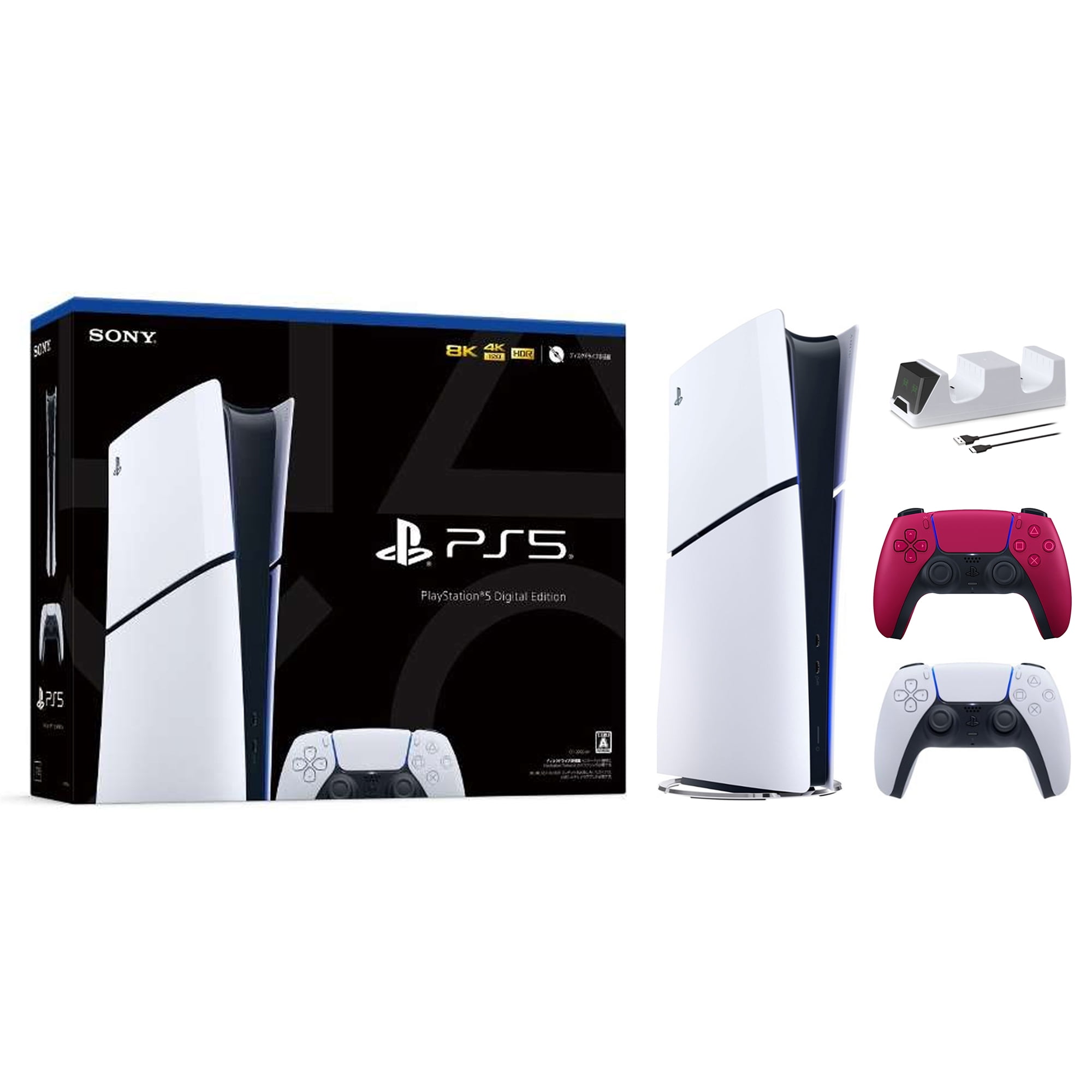 2023 New PlayStation 5 Slim Digital Edition Bundle with Two Controllers  White and Midnight Black Dualsense and Mytrix Controller Charger - Slim PS5  