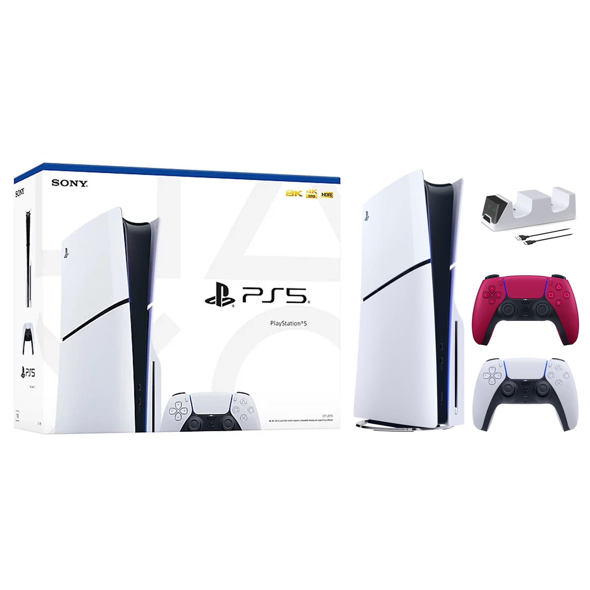 2023 New PlayStation 5 Slim Digital Edition Bundle with Two Controllers  White and Cosmic Red Dualsense and Mytrix Controller Case - Slim PS5 1TB  PCIe