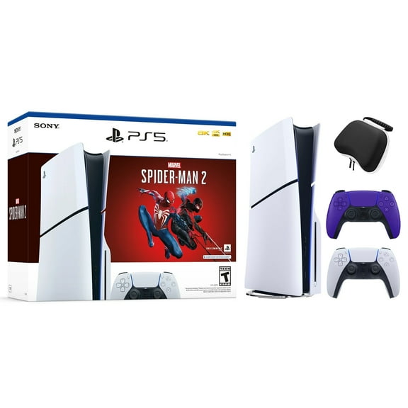 2023 New PlayStation 5 Slim Disc Edition Marvel's Spider-Man 2 Bundle with Two Controllers White and Galactic Purple Dualsense and Mytrix Controller Case - Slim PS5 1TB PCIe SSD Gaming Console