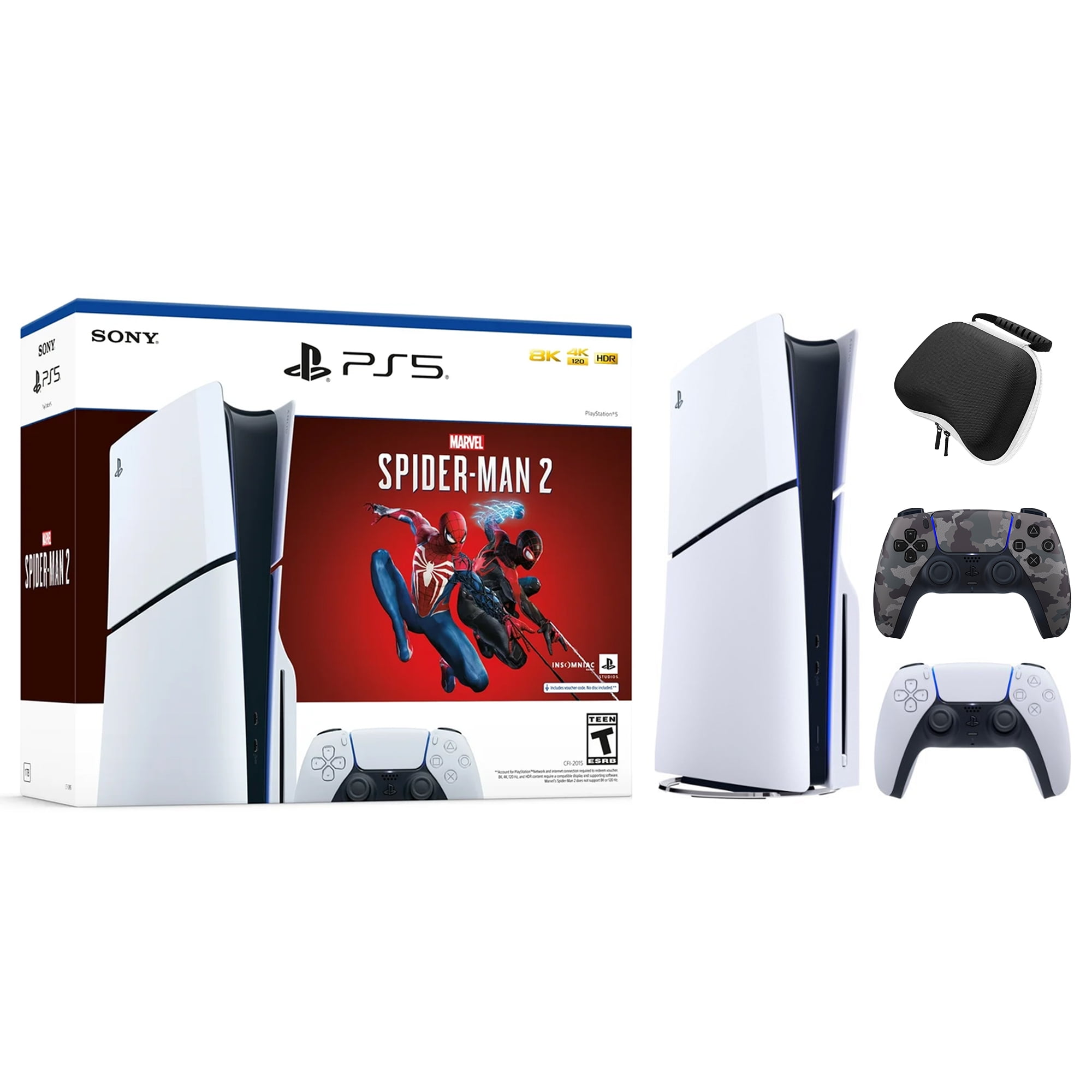 2023 New PlayStation 5 Slim Disc Edition Marvel's Spider-Man 2 Bundle with Two Controllers White and Gray Camouflage Dualsense and Mytrix Controller Case - Slim PS5 1TB PCIe SSD Gaming Console