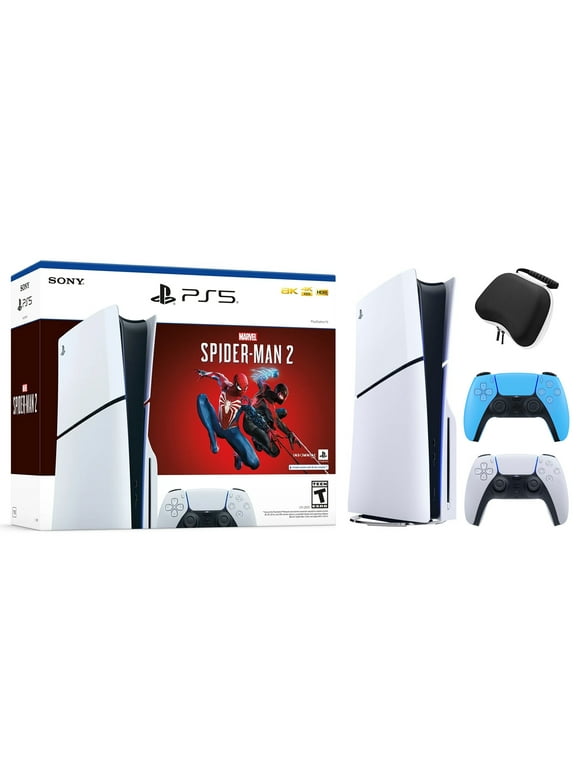 2023 New PlayStation 5 Slim Disc Edition Marvel's Spider-Man 2 Bundle with Two Controllers White and Starlight Blue Dualsense and Mytrix Controller Case - Slim PS5 1TB PCIe SSD Gaming Console