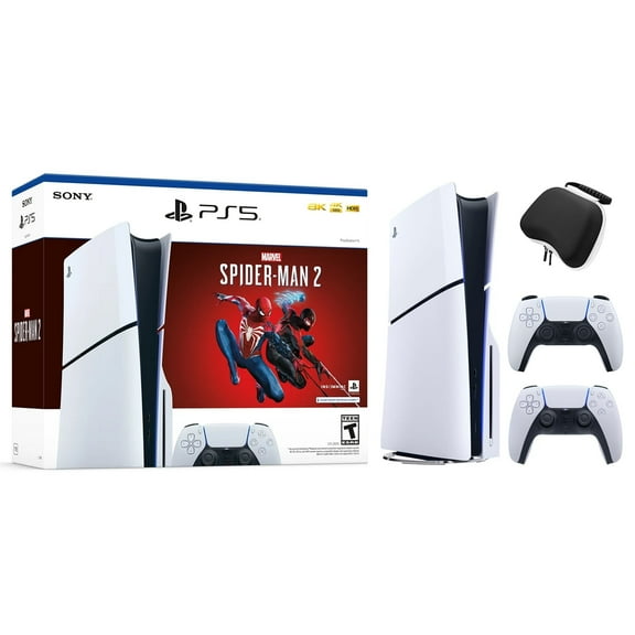 2023 New PlayStation 5 Slim Disc Edition Marvel's Spider-Man 2 Bundle with Two Dualsense Controllers and Mytrix Hard Shell Protective Controller Case - Slim PS5 1TB PCIe SSD Gaming Console