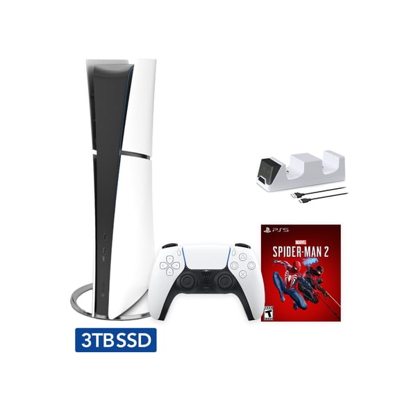 New PlayStation 5 Slim Upgraded 3TB Digital Edition Spider-Man 2 Bundle and Mytrix Controller Charger - White, Slim PS5 3TB PCIe SSD Gaming Console