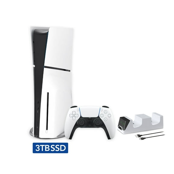 2023 New PlayStation 5 Slim Upgraded 3TB Disc Edition Console, Controller and Mytrix Controller Charger - White, Slim PS5 3TB PCIe SSD Gaming Console