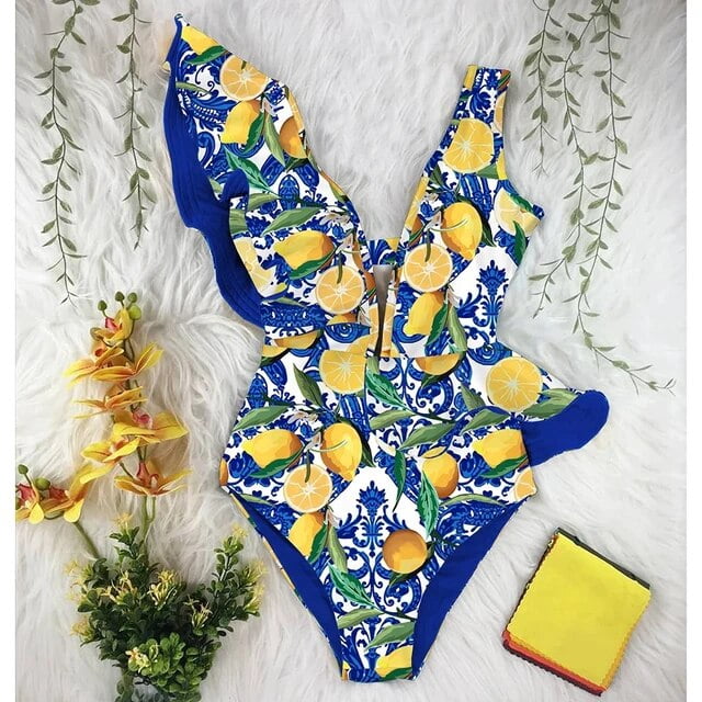 2023 New Sexy Ruffle Print Floral One Piece Swimsuit Off The Shoulder ...