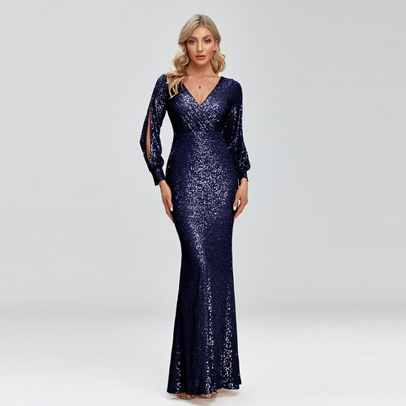 2023 New Women Elegant V-neck Mermaid Evening Dress Floor Length Formal Prom Party Gown Sequins Long Sleeve Galadress Vestidos