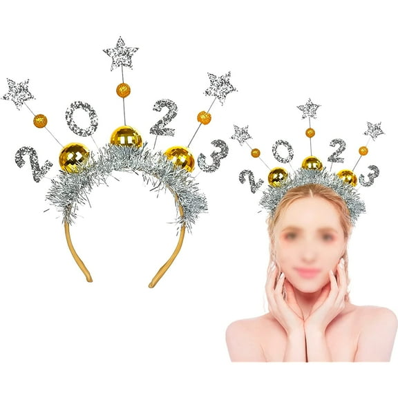 2023 New Year Headband Happy New Year Tiara with Sequins Star and Glitter Tinsel Eve Party Celebration Headpiece for Holiday Festive Party Favor Gifts Photo Props,Pack of 2