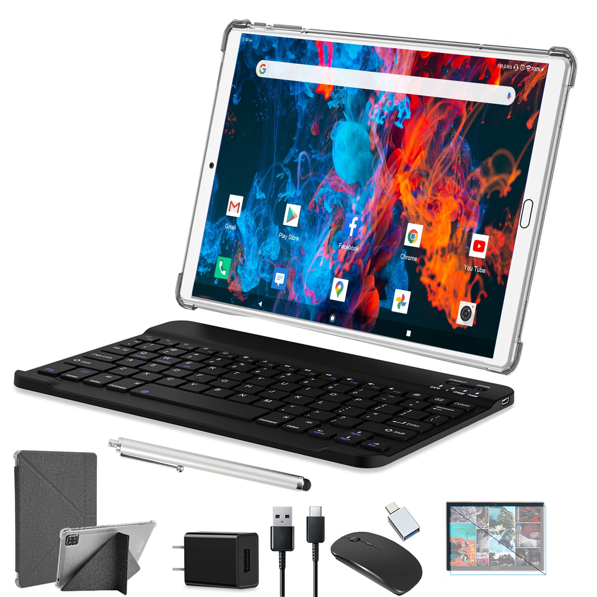 2023 Newest 10 inch Android 11 Tablet,2 in 1 Tablet with Keyboard,4GB RAM  64GB ROM Storage,128GB Expandable,Google Certified 5G Wi-Fi Tablet,Dual  Camera,Bluetooth,Silver 
