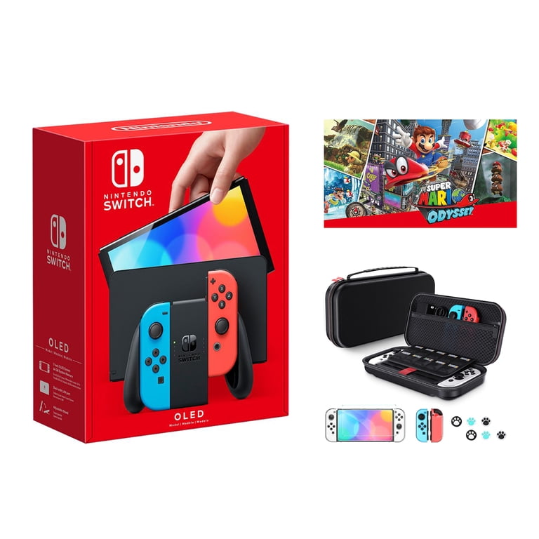 2023 Nintendo Switch OLED Neon Red & Blue, 64GB, New Game Bundle