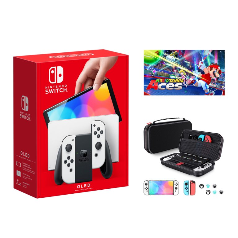 32GB Model Case Mario Bundle White OLED & 1 Nintendo 2023 Newest Tennis Storage, with 10 Aces Accessory Switch Internal in Joy-Cons Console,