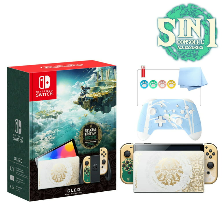2023 Nintendo Switch OLED The Legend of Zelda: Tears of the Kingdom Limited Edition, Green & Gold Joy-Con, 64GB Console, Hylian Dock, Mytrix Blue Wireless Pro Controller, 3 Accessories: in 1
