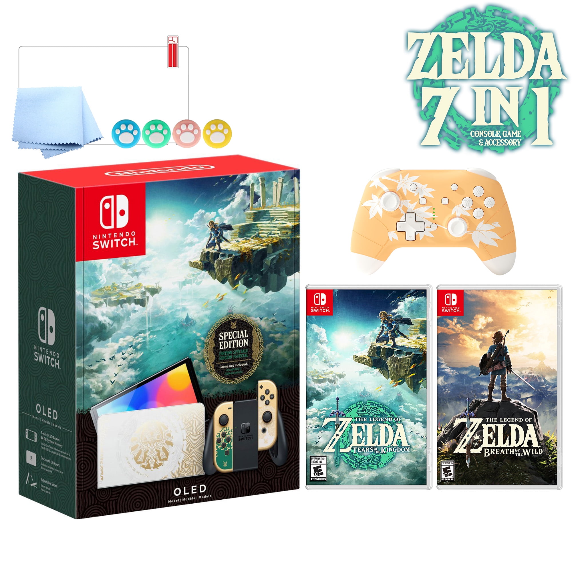 2023 Nintendo Switch OLED Zelda Limited Edition, Green & Gold Joy-Con 64GB  Console, Hylian Themed White Dock, 2 Zelda Games, Mytrix Blue Wireless Pro  