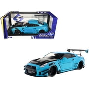 طقم هيكل سيارة نيسان GT-R R35 Liberty Walk موديل 2023 2.0 RHD باللون الأزرق الفاتح مع غطاء رأس من الكربون موديل سيارة مصبوبة مقاس 1/18 من Solido