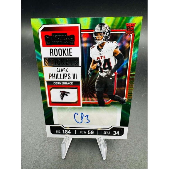 2023 Panini Contenders Football Rookie Ticket Green RC Auto Clark Phillips III #225 Atlanta Falcons NFL Autographed Football Trading Card