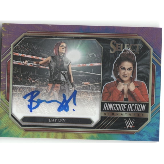 2023 Panini Select WWE Prizm Bayley #RA-BLY Tie-Dye /25 Ringside Action Signatures RAW WWE Autographed Wrestling Trading Card