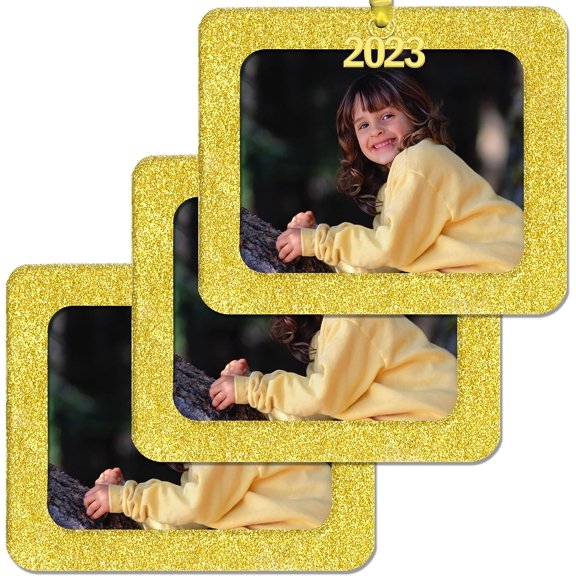 2023 Picture Ornament, Magnetic Glitter with Photo Protector, Horizontal, Gold, 3-Pack