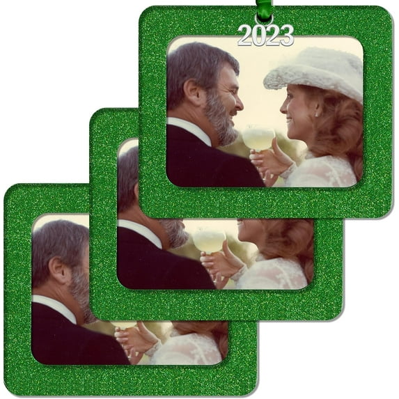 2023 Picture Ornament, Magnetic Glitter with Photo Protector, Horizontal, Green, 3-Pack
