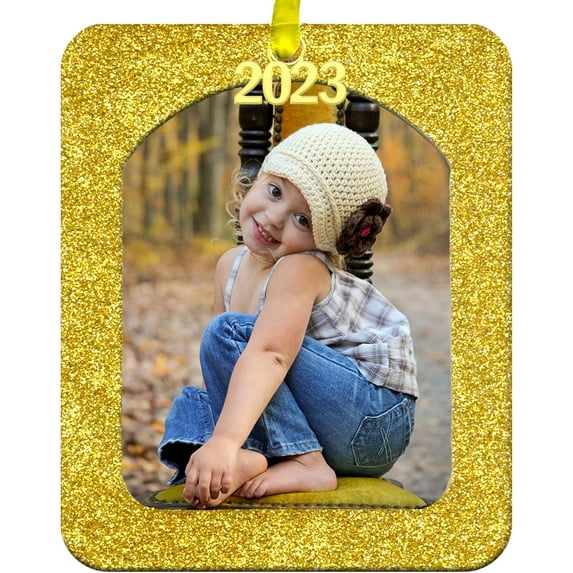 2023 Picture Ornament, Magnetic Glitter with Photo Protector, Vertical, Gold