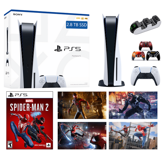 2023 PlayStation_PS5 Gaming Console Disc, Marvel's Spider-Man 2 Holiday Bundle Enhanced 2.8TB SSD, AMD Ryzen Zen 8 Cores, 16GB GDDR6 RAM + One Controller + Fast Charging Dock + 3pcs Controller Skins