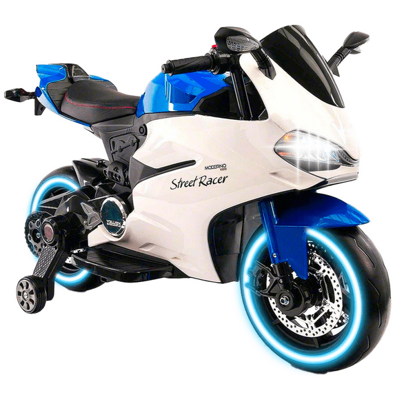 2023 Ride On Kids Big Motorcycle 12V with New Toy Technology, Soft Leather Seat, LED Lights, Training Wheels, 2 Speeds | Licensed Kid Motorcycle to Drive - 3 Speeds, LED Lights, Music - Blue