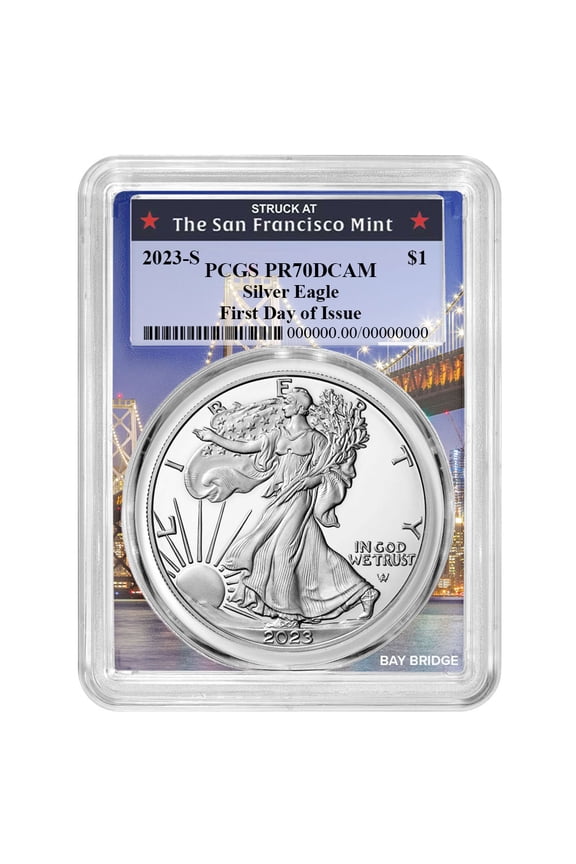 2023-S $1 1-oz Proof American Silver Eagle PCGS PR70DCAM FDOI Bay Bridge Frame