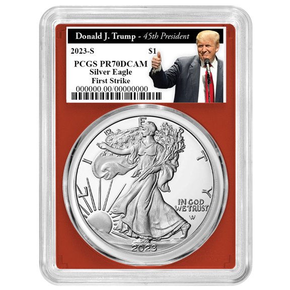 2023-S $1 1-oz Proof American Silver Eagle PCGS PR70DCAM FS Trump 45th President Label Red Frame