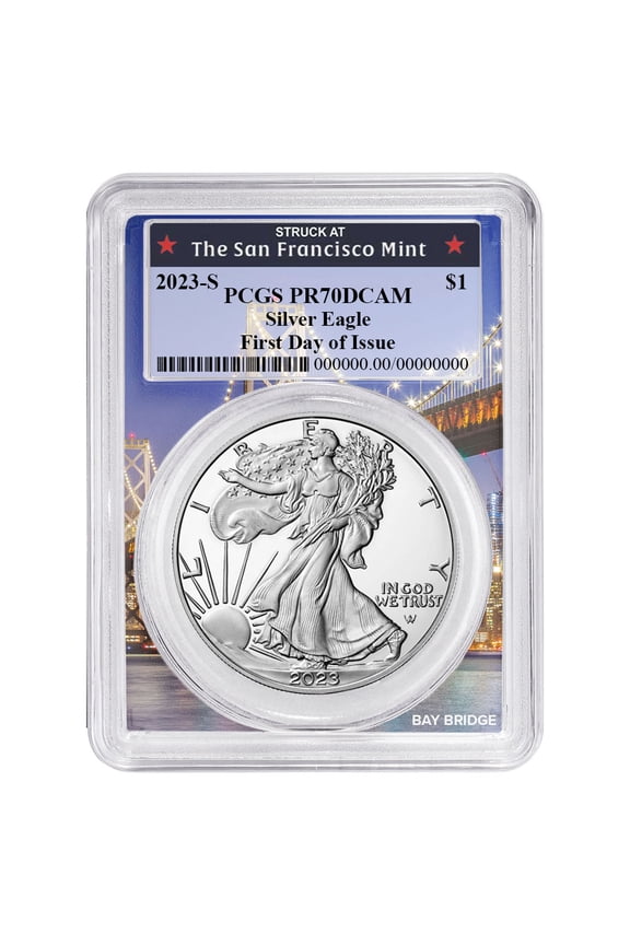 2023-S Proof $1 American Silver Eagle PCGS PR70DCAM FDOI Bay Bridge Frame
