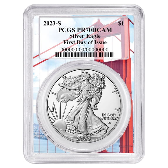 2023-S Proof $1 American Silver Eagle PCGS PR70DCAM FDOI Golden Gate Bridge Frame