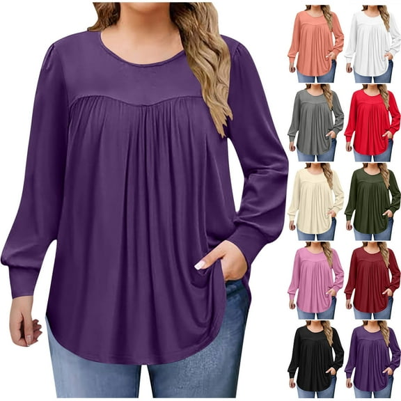 Long Sleeve Shirts for Women Sawvnm Women's Fashion Solid Color Plus Size Round Neck Chest Pleated Loose Casual Pullover Long Sleeved Shirt Top blouse Fall Clothes Fashion Purple 2XL