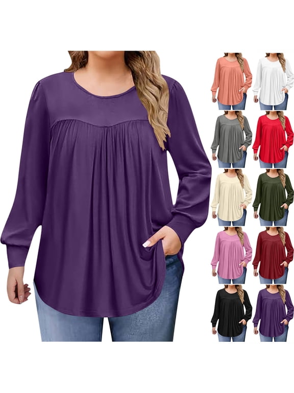 Long Sleeve Shirts for Women Sawvnm Women's Fashion Solid Color Plus Size Round Neck Chest Pleated Loose Casual Pullover Long Sleeved Shirt Top blouse Fall Clothes Fashion Purple 3XL