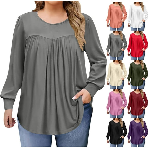 Long Sleeve Shirts for Women Sawvnm Women's Fashion Solid Color Plus Size Round Neck Chest Pleated Loose Casual Pullover Long Sleeved Shirt Top blouse Fall Clothes Fashion Gray XL