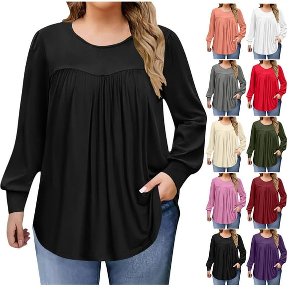 Long Sleeve Shirts for Women Sawvnm Women's Fashion Solid Color Plus Size Round Neck Chest Pleated Loose Casual Pullover Long Sleeved Shirt Top blouse Fall Clothes Fashion Black XL