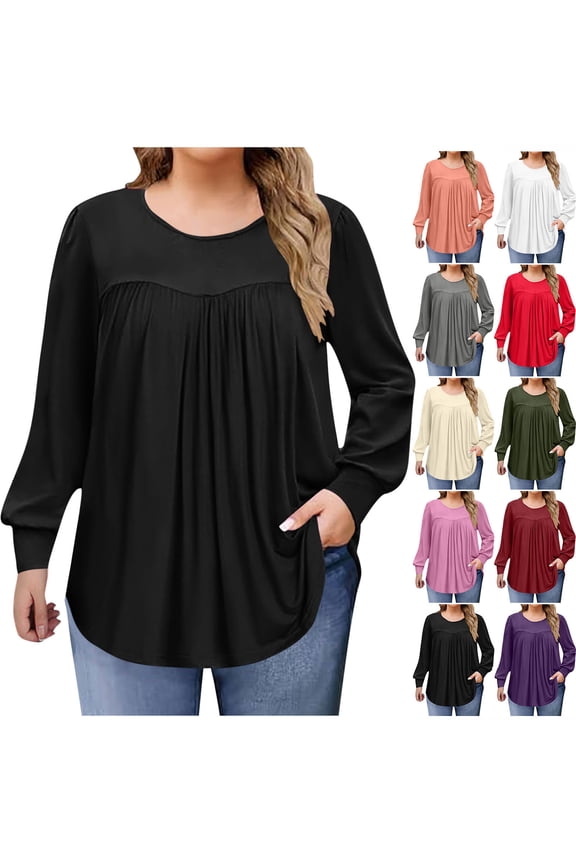 Long Sleeve Shirts for Women Sawvnm Women's Fashion Solid Color Plus Size Round Neck Chest Pleated Loose Casual Pullover Long Sleeved Shirt Top blouse Fall Clothes Fashion Black 3XL