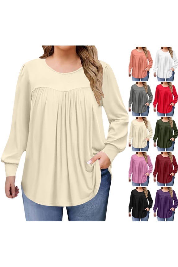 Long Sleeve Shirts for Women Sawvnm Women's Fashion Solid Color Plus Size Round Neck Chest Pleated Loose Casual Pullover Long Sleeved Shirt Top blouse Fall Clothes Fashion Beige 2XL