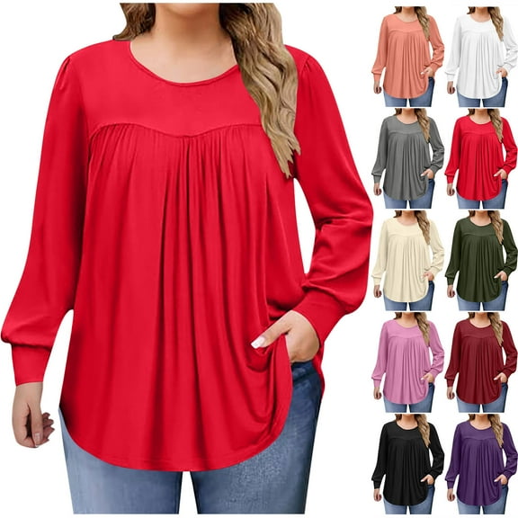 Long Sleeve Shirts for Women Sawvnm Women's Fashion Solid Color Plus Size Round Neck Chest Pleated Loose Casual Pullover Long Sleeved Shirt Top blouse Fall Clothes Fashion Red 2XL