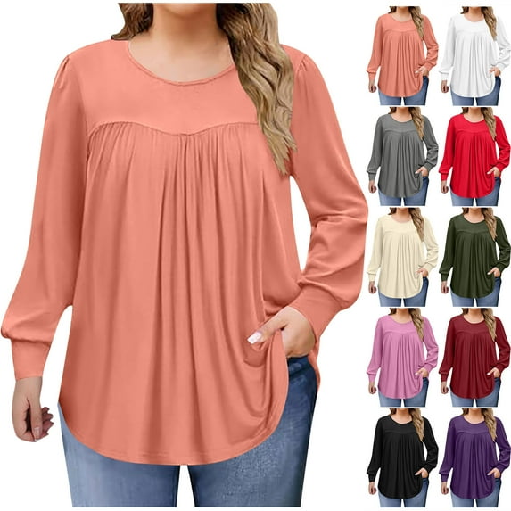 Long Sleeve Shirts for Women Sawvnm Women's Fashion Solid Color Plus Size Round Neck Chest Pleated Loose Casual Pullover Long Sleeved Shirt Top blouse Fall Clothes Fashion Orange 5XL