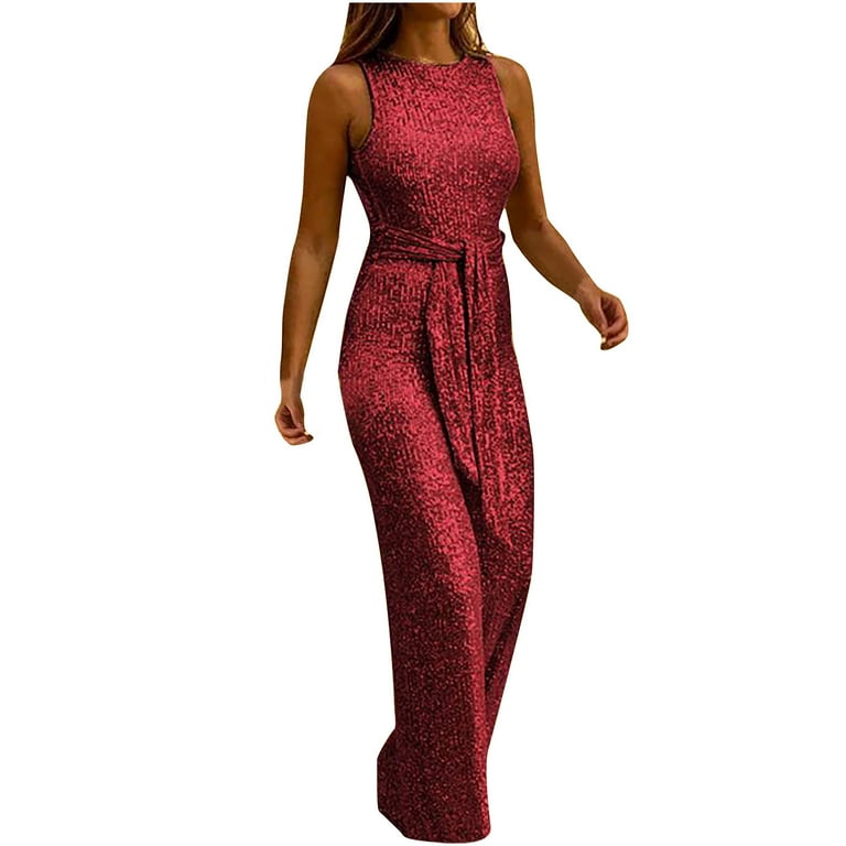 2023 Sequin Jumpsuit for Women Party Night Sexy Zipper Bandage Rompers Solid Color Backless V Neck Sleeveless Jumpsuit