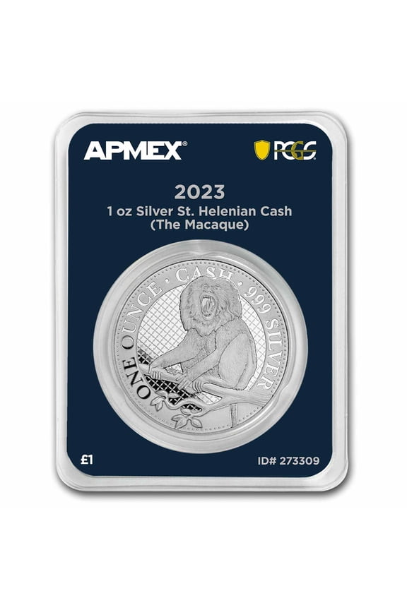 2023 St Helena 1 oz Ag 1 Cash: Macaque (MD Premier + PCGS FS)