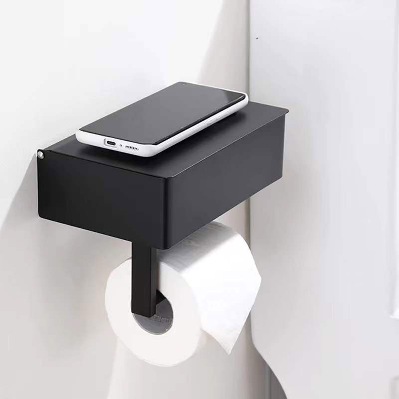 BWE Freestanding Stainless Steel Toilet Paper Holder with Top Storage Shelf in Matte Black