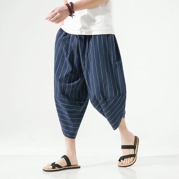 2023 Summer Harajuku Casual Men's Pants Calf Length Wide Leg Cotton Striped Harem Baggy Pants Fashion Men's Clothing