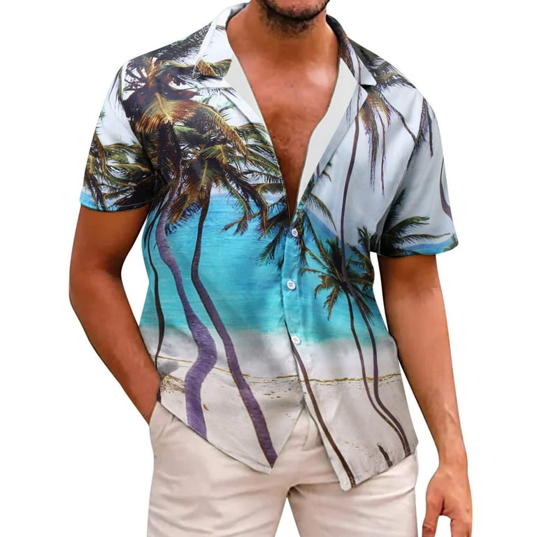 2023 Summer Hawaiian Shirts for Men Fashion Palm Trees Print Classic Fit Hawaiian  Shirt Loose Short Sleeve Button Up Tshirt for Men 
