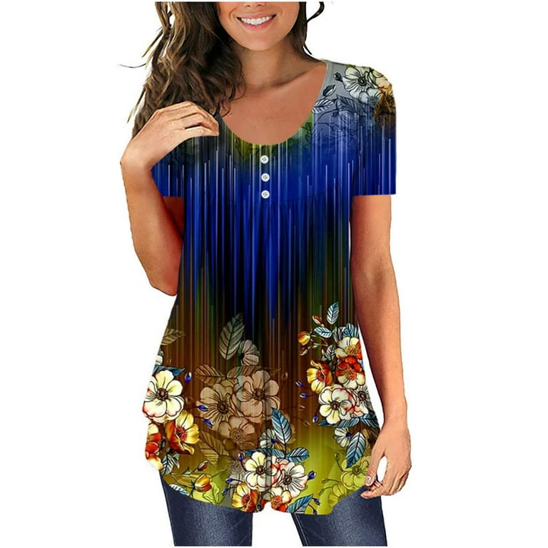 2023 Summer Short Sleeve Shirts for Women Trendy Floral Tunic Tops Casual  Hide Belly Fat Tshirts Cute Crewneck Tees 